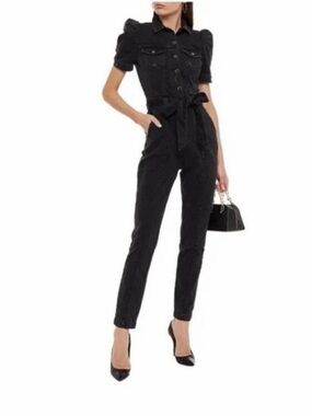 Retrofete Black Puff-Sleeve Denim Jumpsuit with Tie Belt